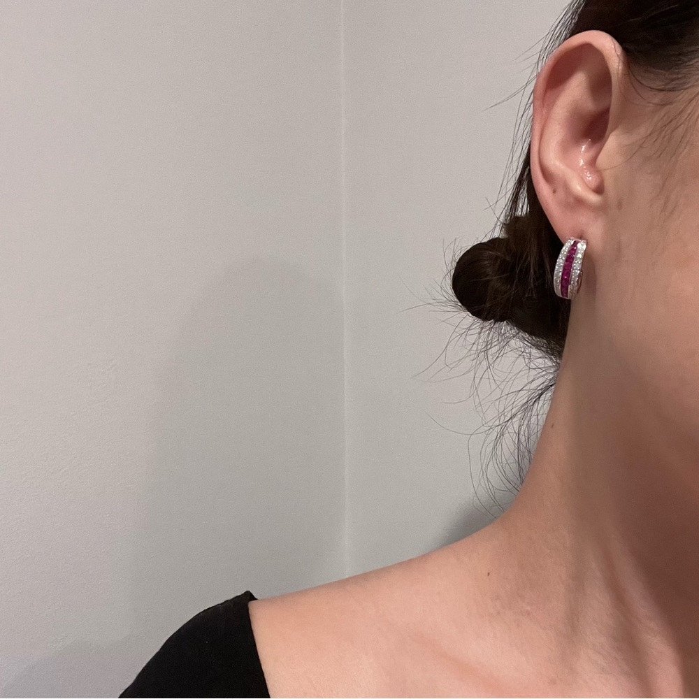 NEW Diamonique Ruby Red and Diamond Open Hoop Earrings